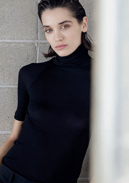 【3445】WOMAN TURTLENECK RIBBED T-SHIRT WOOL/SILK【Oscalito】