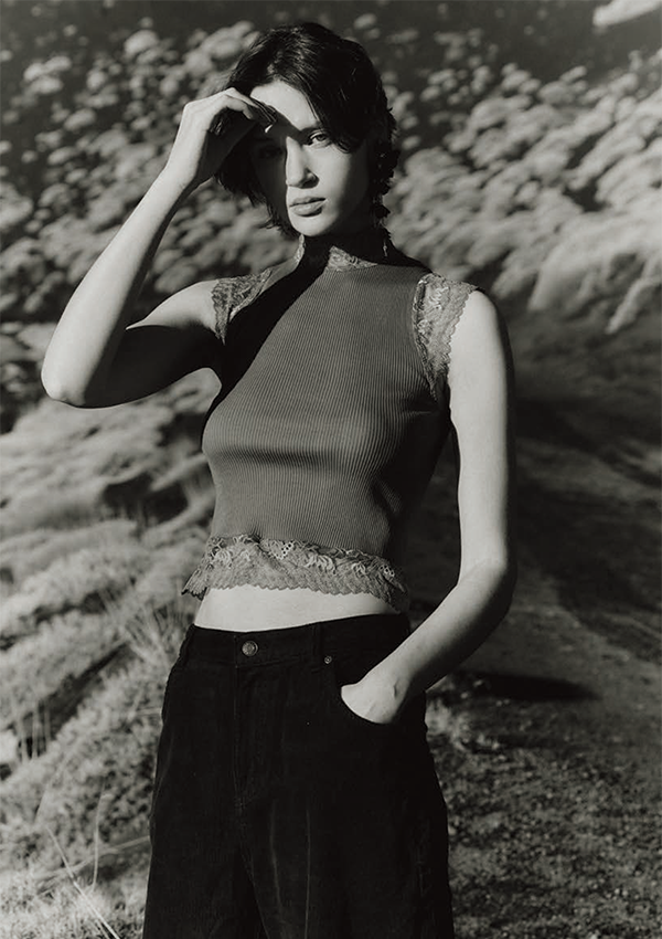 【7801】WOMAN S/SL RIBBED MOCK NECK TOP WOOL/SILK LEAVERS【Oscalito】