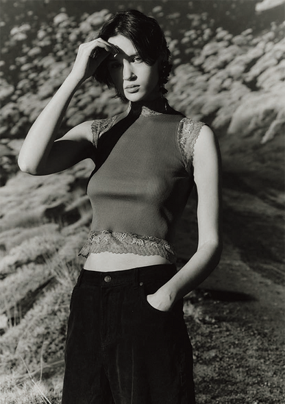 【7801】WOMAN S/SL RIBBED MOCK NECK TOP WOOL/SILK LEAVERS【Oscalito】