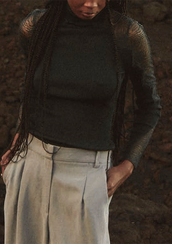【7816】WOMAN L/SL RIBBED SHIRT WOOL/SILK CHANTILLY LACE【Oscalito】