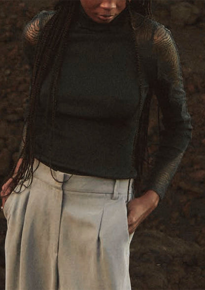 【7816】WOMAN L/SL RIBBED SHIRT WOOL/SILK CHANTILLY LACE【Oscalito】