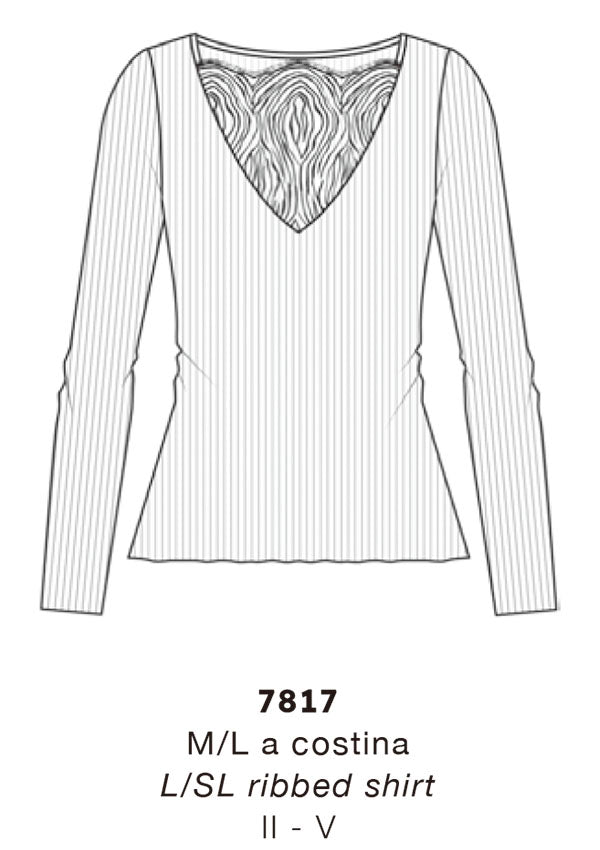 【7817】WOMAN L/SL RIBBED SHIRT WOOL/SILK CHANTILLY LACE【Oscalito】