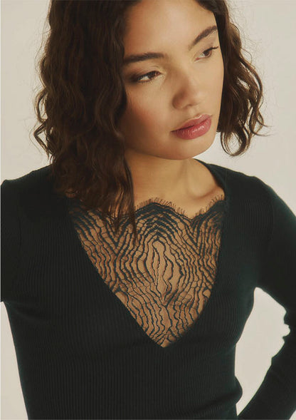 【7817】WOMAN L/SL RIBBED SHIRT WOOL/SILK CHANTILLY LACE【Oscalito】