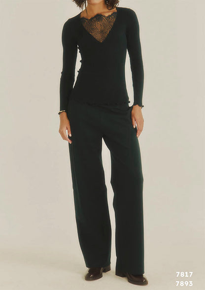 【7817】WOMAN L/SL RIBBED SHIRT WOOL/SILK CHANTILLY LACE【Oscalito】