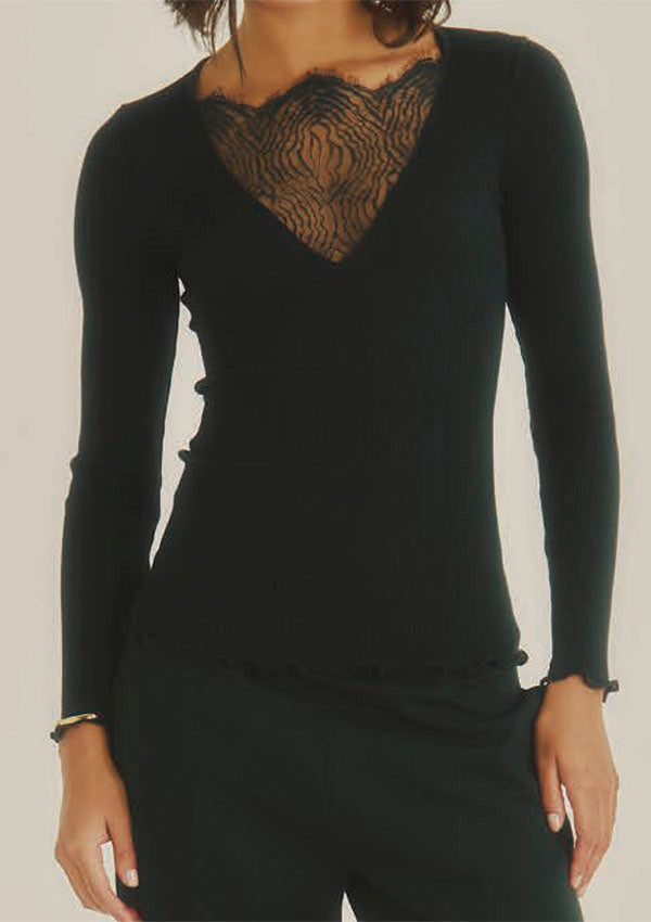【7817】WOMAN L/SL RIBBED SHIRT WOOL/SILK CHANTILLY LACE【Oscalito】