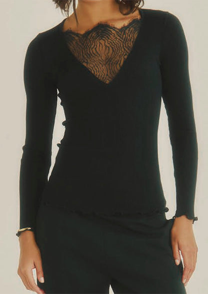 【7817】WOMAN L/SL RIBBED SHIRT WOOL/SILK CHANTILLY LACE【Oscalito】