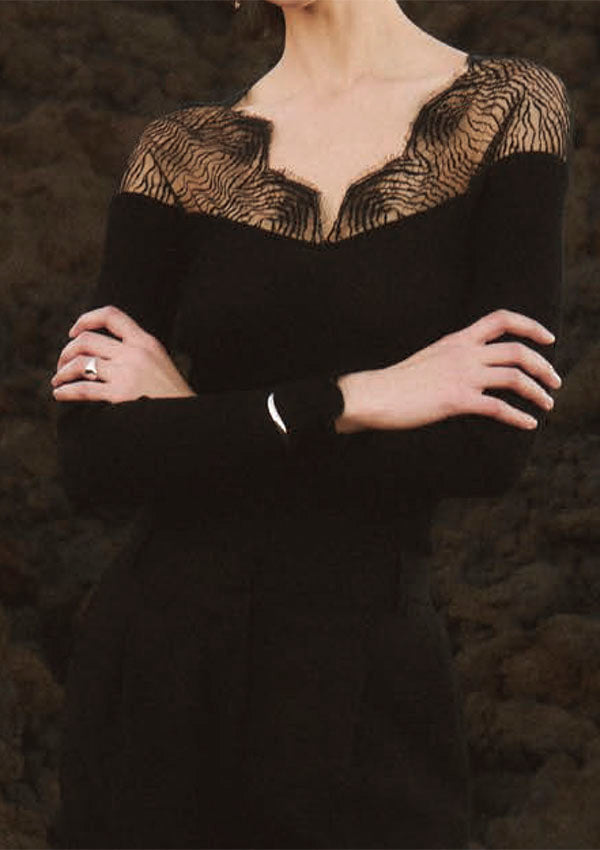 【7818】WOMAN L/SL RIBBED SHIRT WOOL/SILK CHANTILLY LACE【Oscalito】