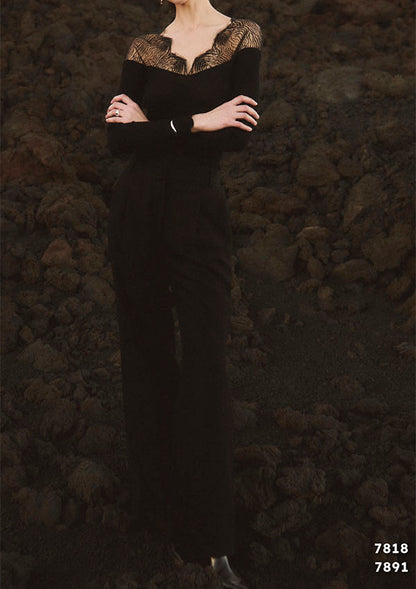 【7818】WOMAN L/SL RIBBED SHIRT WOOL/SILK CHANTILLY LACE【Oscalito】