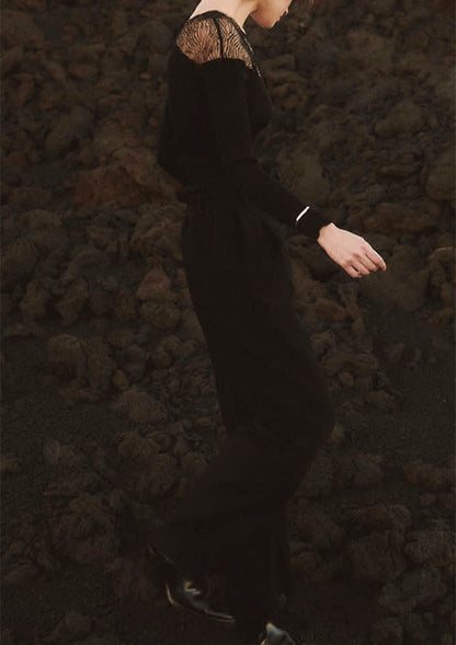 【7818】WOMAN L/SL RIBBED SHIRT WOOL/SILK CHANTILLY LACE【Oscalito】