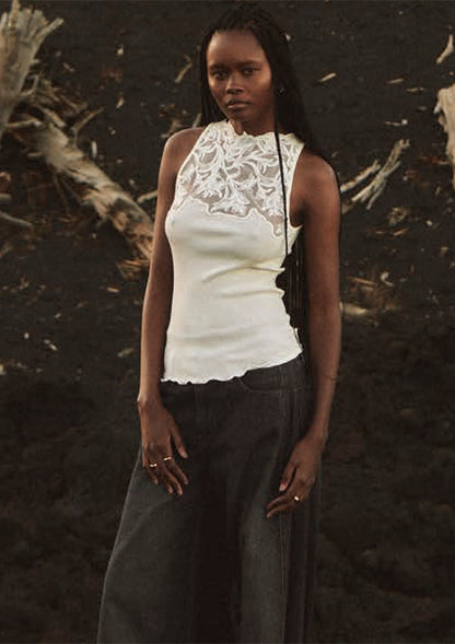 【7820】WOMAN RIBBED TOP WOOL/SILK EMBROIDERED TULLE【Oscalito】