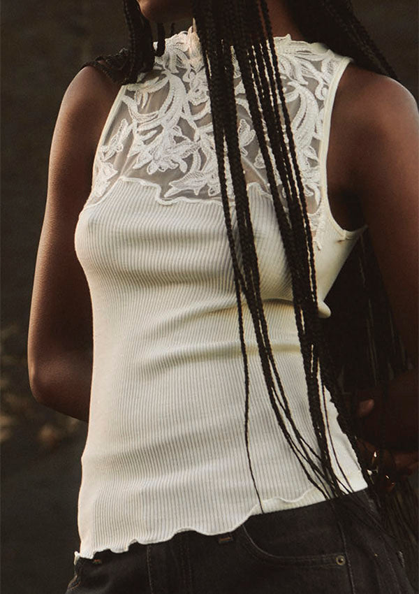 【7820】WOMAN RIBBED TOP WOOL/SILK EMBROIDERED TULLE【Oscalito】