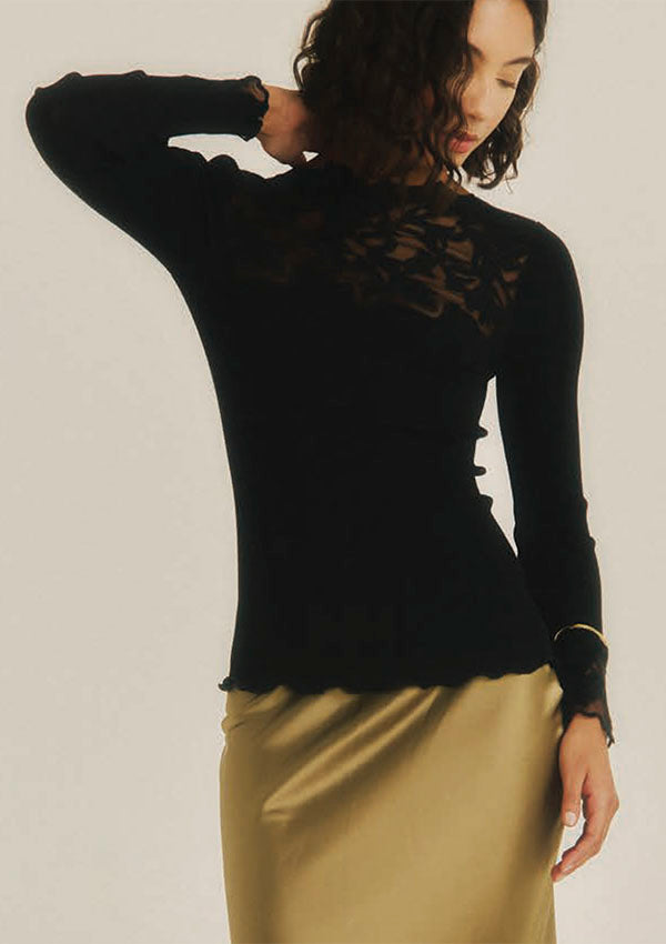 【7821】WOMAN L/SL RIBBED SHIRT WOOL/SILK EMBROIDERED TULLE【Oscalito】