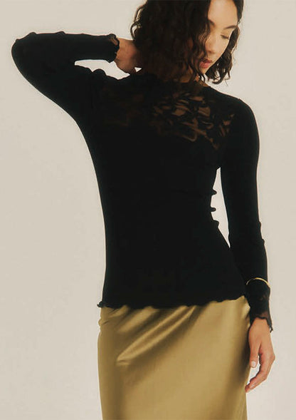 【7821】WOMAN L/SL RIBBED SHIRT WOOL/SILK EMBROIDERED TULLE【Oscalito】