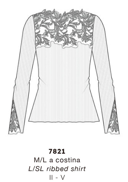 【7821】WOMAN L/SL RIBBED SHIRT WOOL/SILK EMBROIDERED TULLE【Oscalito】