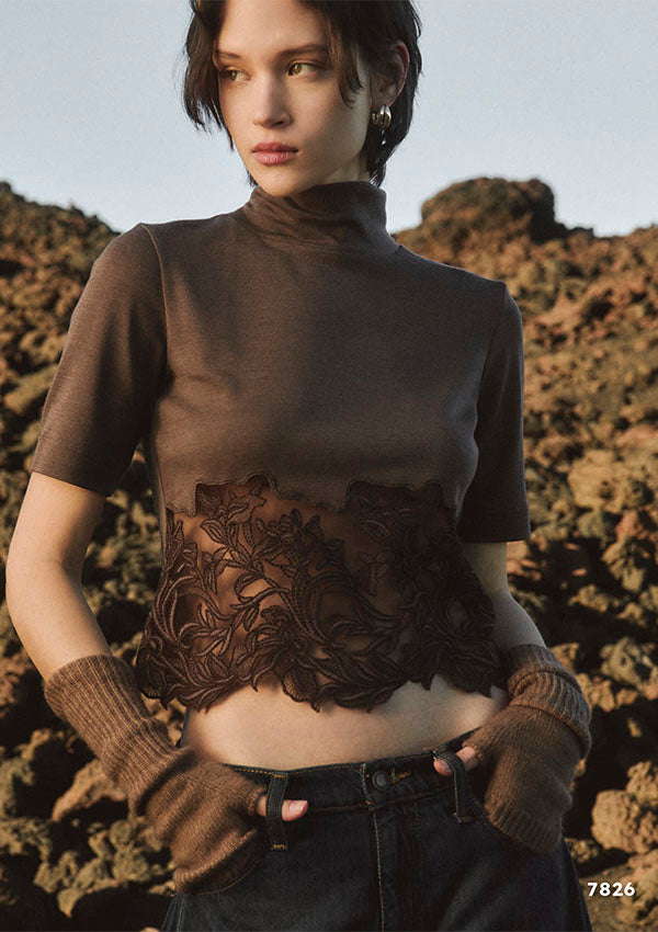 【7826】WOMAN S/SL SHIRT WOOL/SILK EMBROIDERED TULLE【Oscalito】