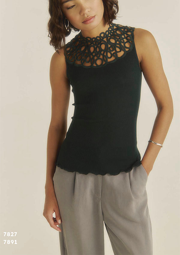 【7827】WOMAN RIBBED TOP WOOL/SILK MACRAME【Oscalito】