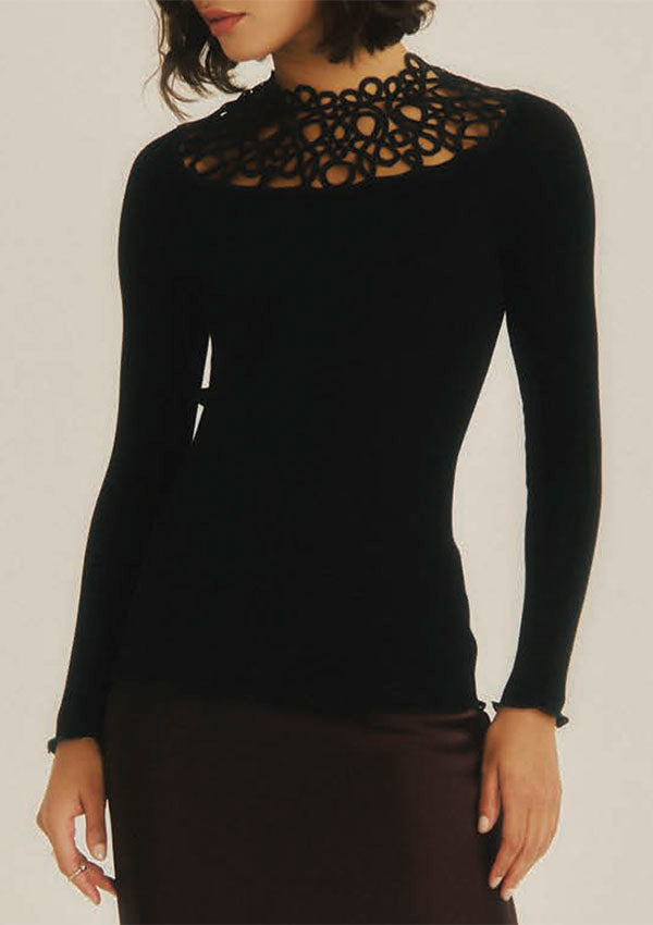 【7828】WOMAN L/SL RIBBED SHIRT WOOL/SILK MACRAME【Oscalito】