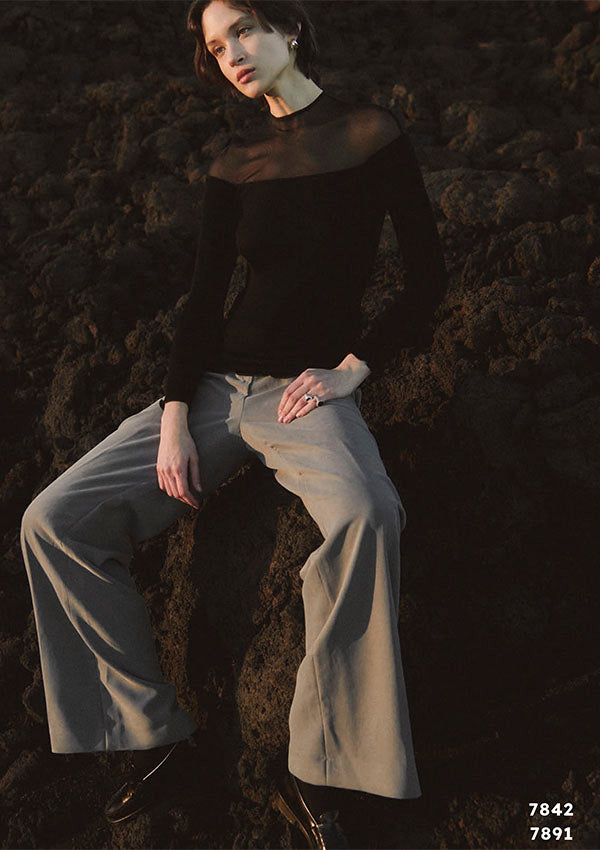 【7842】WOMAN L/SL WOOL/SILK RIBBED SHIRT W TULLE【Oscalito】