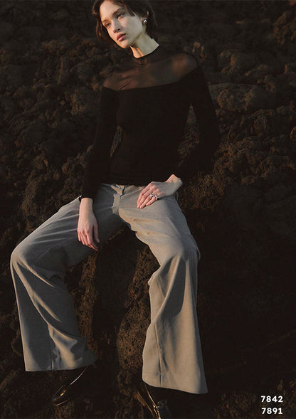 【7842】WOMAN L/SL WOOL/SILK RIBBED SHIRT W TULLE【Oscalito】