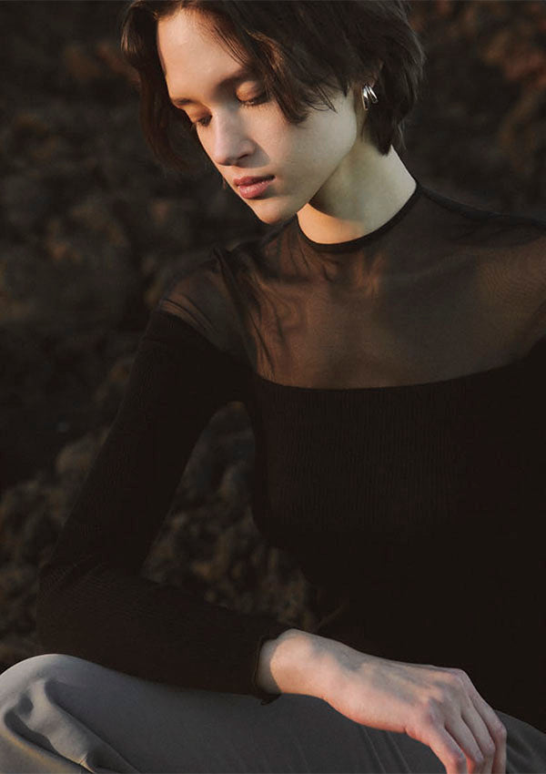 【7842】WOMAN L/SL WOOL/SILK RIBBED SHIRT W TULLE【Oscalito】
