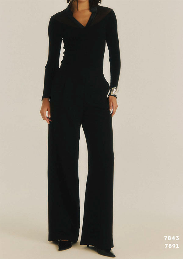 【7843】WOMAN L/SL WOOL/SE RIBBED SHIRT SATIN COLLAR TULLE【Oscalito】