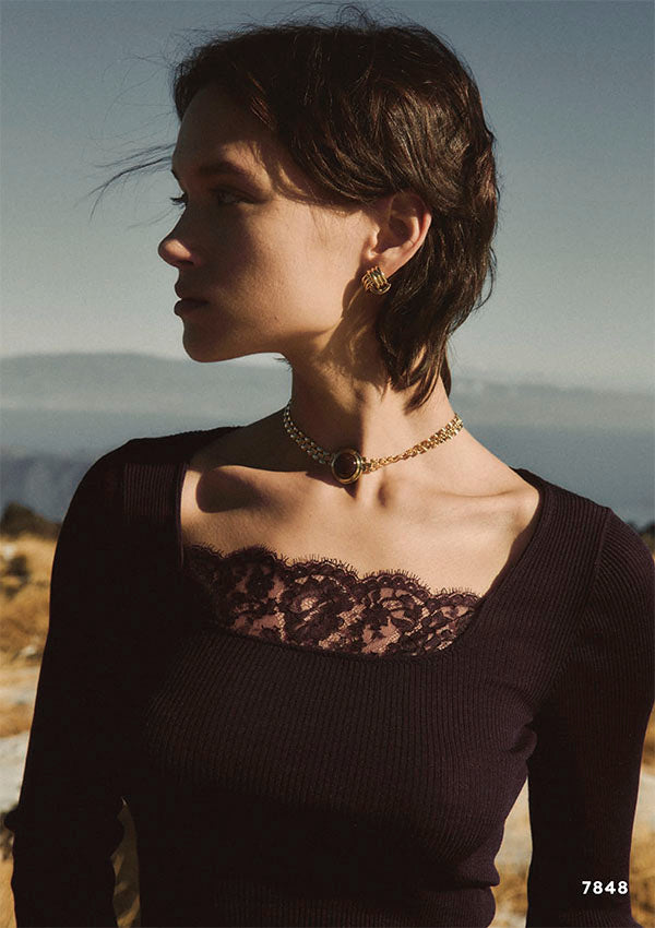 【7848】WOMAN L/SL RIBBED SHIRT WOOL/SILK CHANTILLY LACE 【Oscalito】