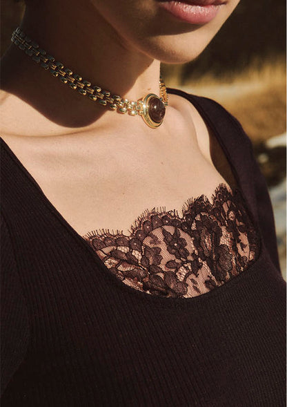 【7848】WOMAN L/SL RIBBED SHIRT WOOL/SILK CHANTILLY LACE 【Oscalito】