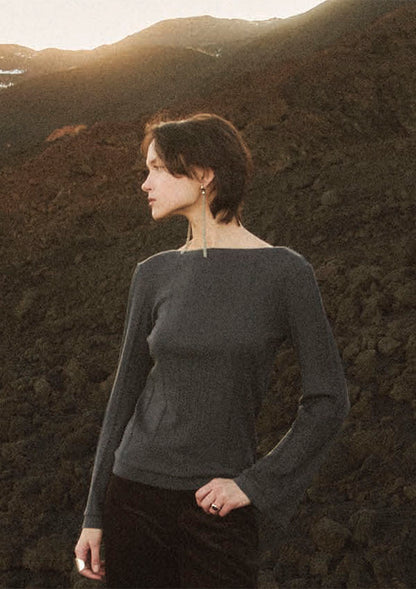 【7860】WOMAN L/SL WOOL/SILK BOAT NECK SHIRT RIB PATTERN 【Oscalito】