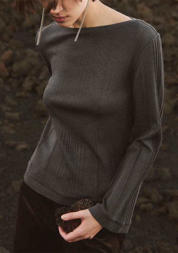 【7860】WOMAN L/SL WOOL/SILK BOAT NECK SHIRT RIB PATTERN 【Oscalito】