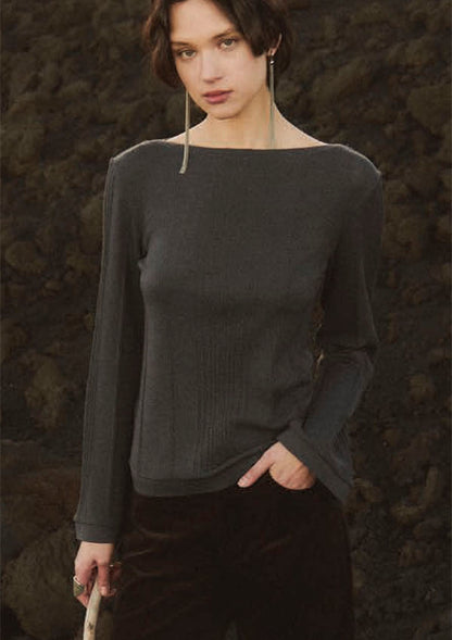 【7860】WOMAN L/SL WOOL/SILK BOAT NECK SHIRT RIB PATTERN 【Oscalito】