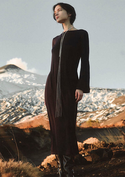 【7865】WOMAN L/SL WOOL/SILK BOAT NECK DRESS RIB PATTERN 【Oscalito】