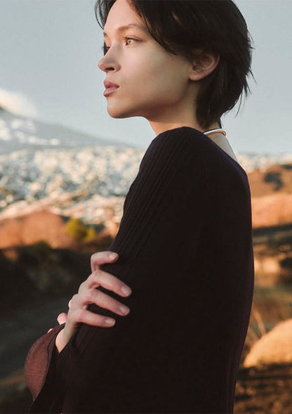 【7865】WOMAN L/SL WOOL/SILK BOAT NECK DRESS RIB PATTERN 【Oscalito】